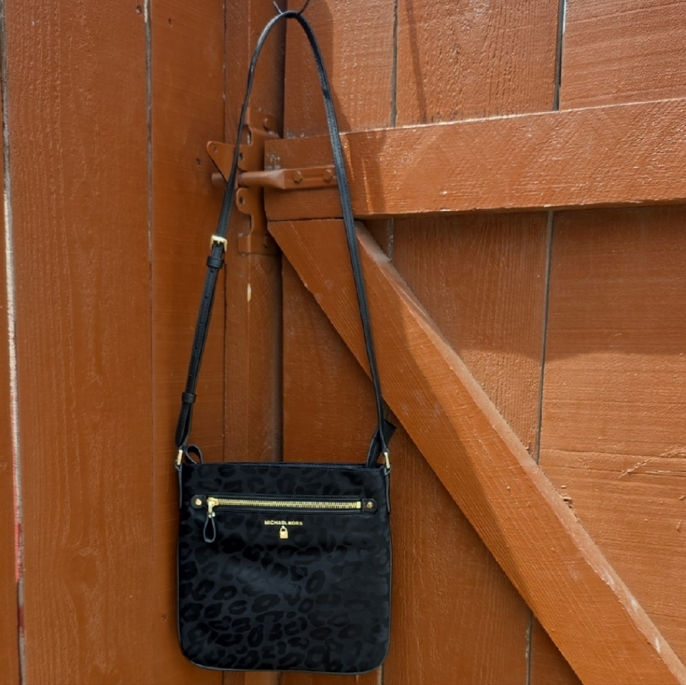 Michael Kors Kelsey Large Leopard Nylon Crossbody Bag Black